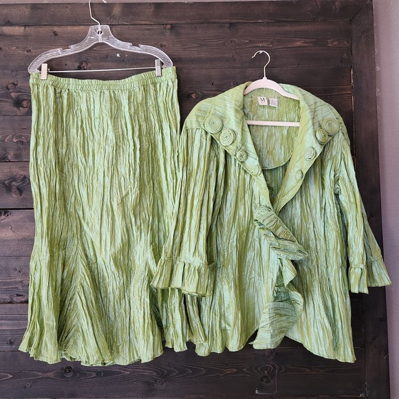 Miland Iridescent Green Maxi Skirt Jacket Set Large Mermaidcore Fairycore Whimsy - Picture 3 of 15
